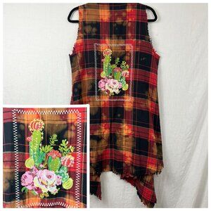 Distressed Embroidered Sleeveless Plaid Longline Top Women M Grunge Cactus Y2K